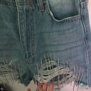 denim shorts with diamond fringe